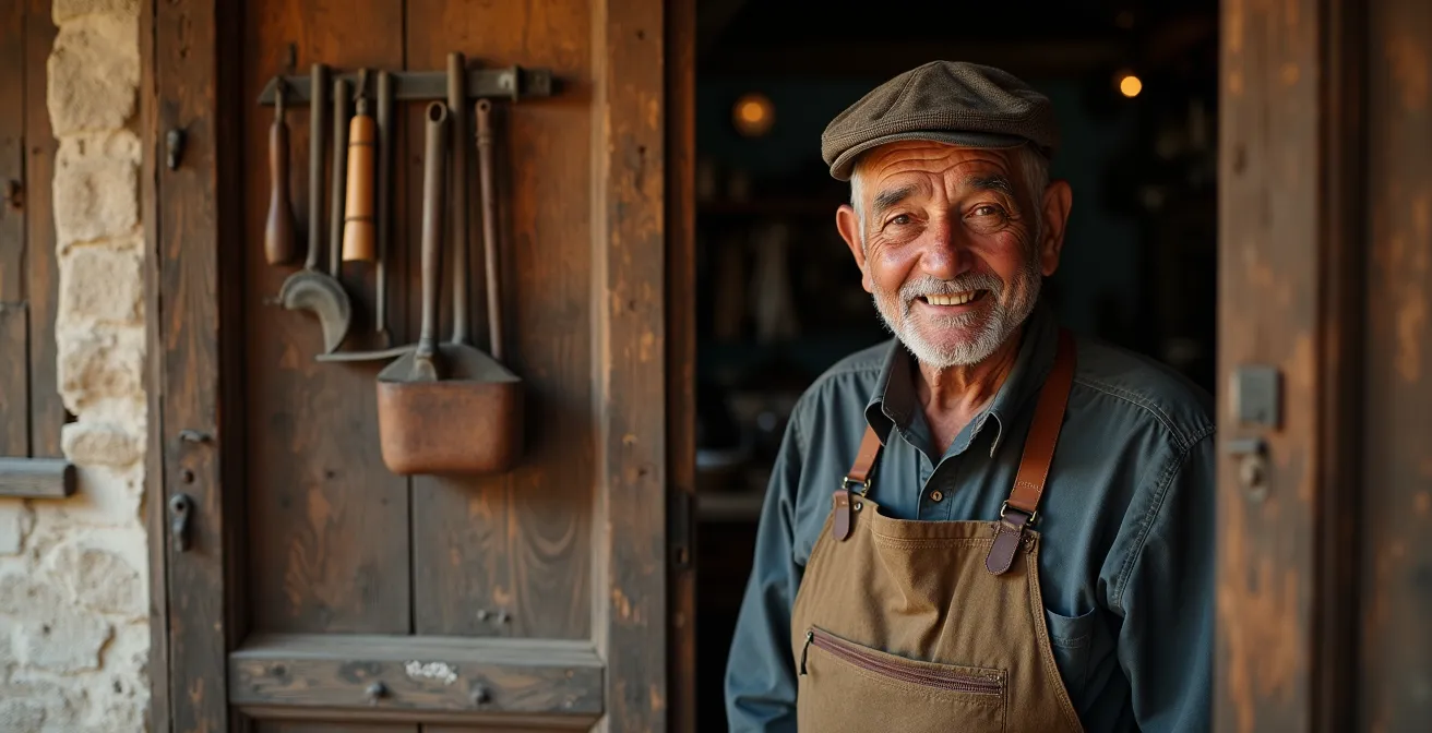 Traditional craft workshop entrance in a remote village with tools and materials visible