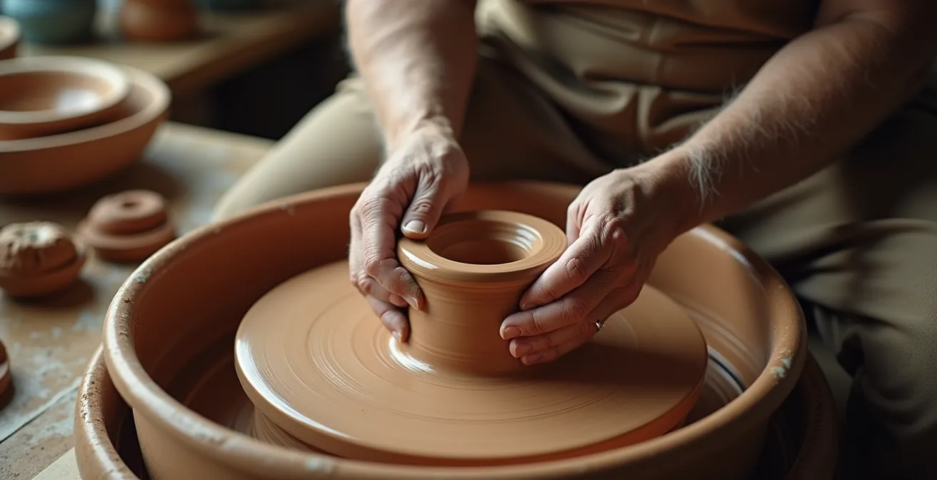 Senior hands shaping clay on a pottery wheel in soft natural light