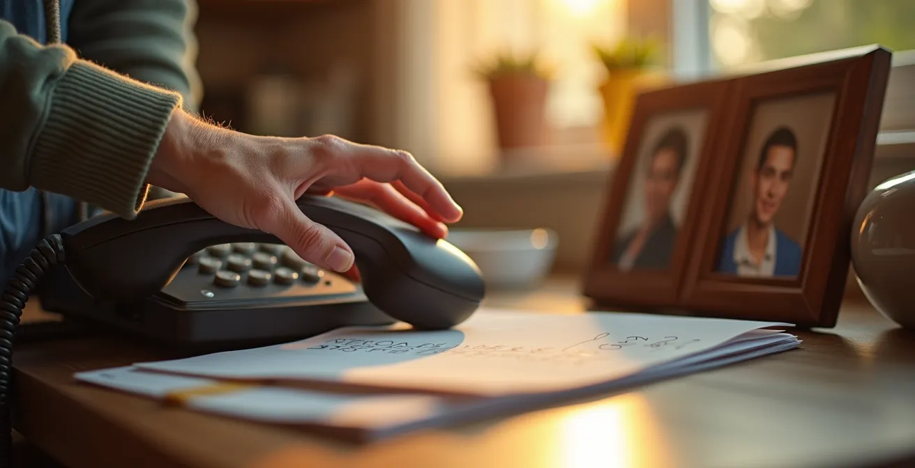 Senior person making a verification phone call using a landline while holding a notepad