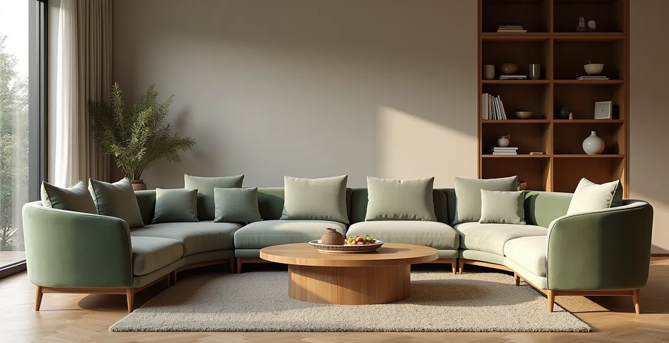 Living room with U-shaped seating arrangement encouraging conversation and social interaction