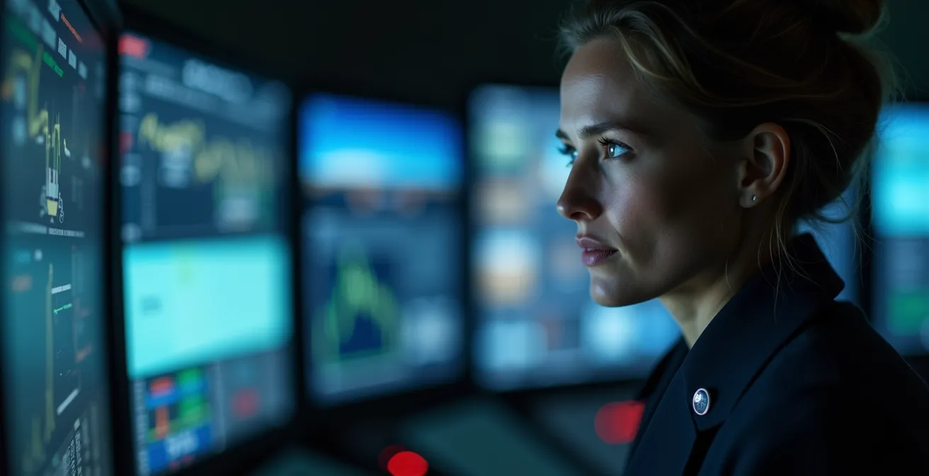 Mission control room monitoring multiple factors for safe launch window determination