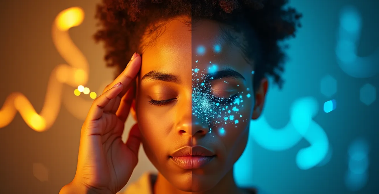 Split composition showing a person listening deeply to audio waves on one side and struggling with pixelated video on the other