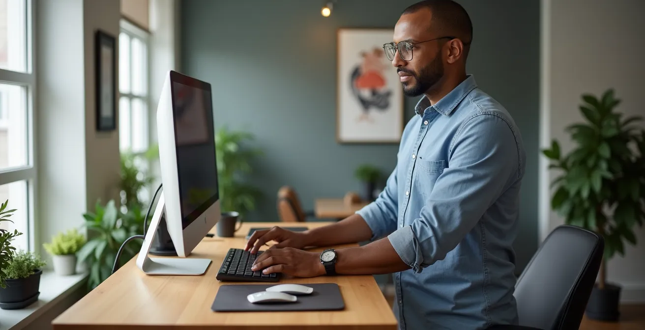 Professional demonstrating proper standing desk posture with anti-fatigue mat