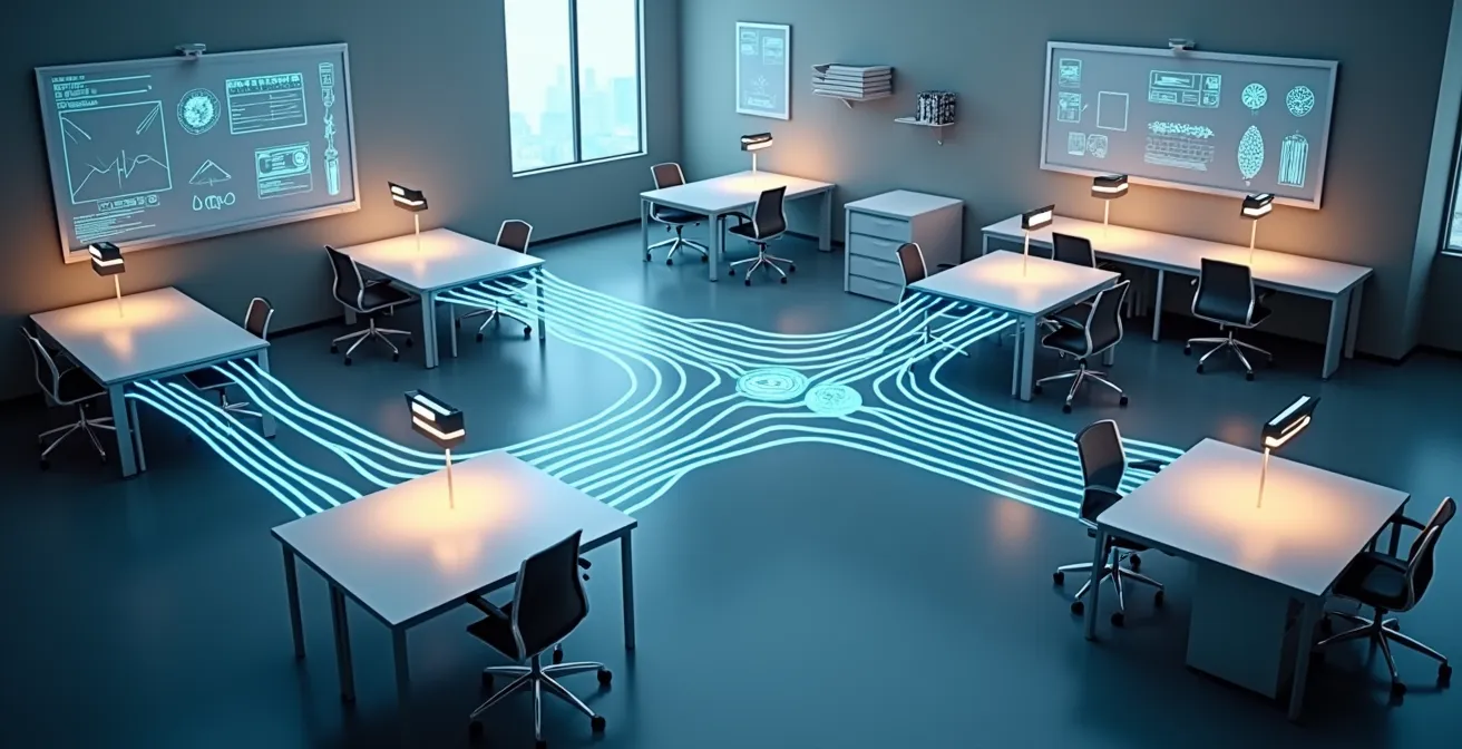 Office workers collaborating across different digital platforms in modern workspace