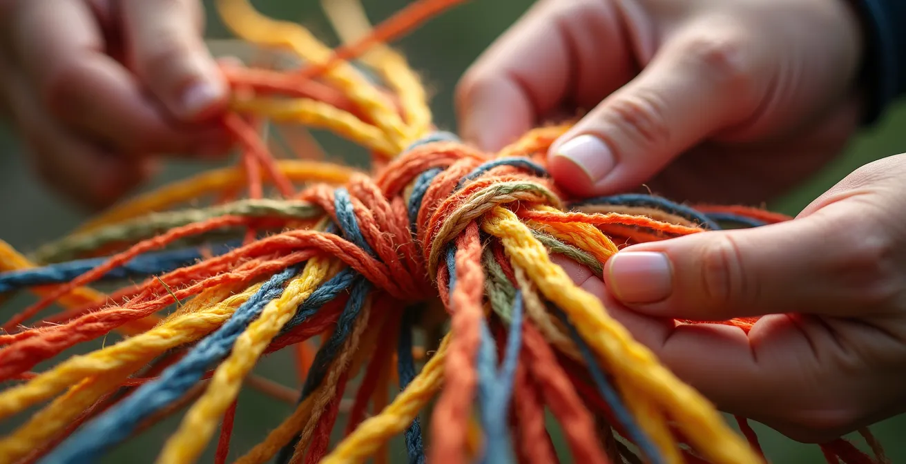 Young artisan weaving a basket using recycled plastic strips alongside traditional natural fibers