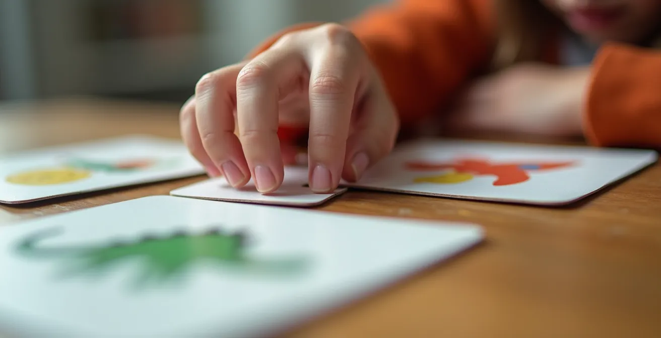 Close-up of child's hands arranging picture cards showing museum visit sequence
