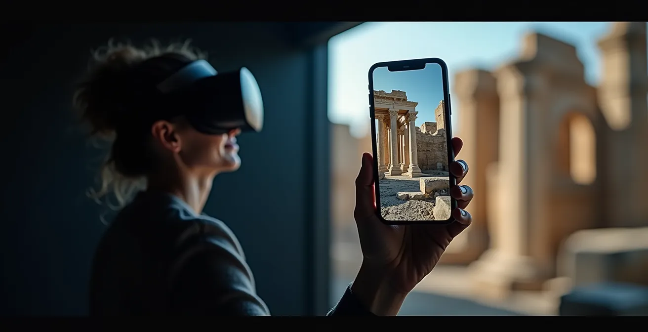 Split scene showing a person in a dark room using a VR headset to view an immersive virtual heritage site, contrasted with a hand holding a smartphone that overlays a digital reconstruction of a building onto real-world ancient ruins.