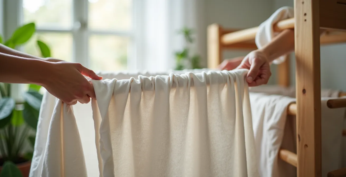 Natural linen sheets being gently washed and air-dried in a minimalist laundry space