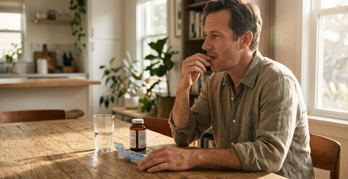 A man chews a probiotic tablet at his dining table with water nearby.