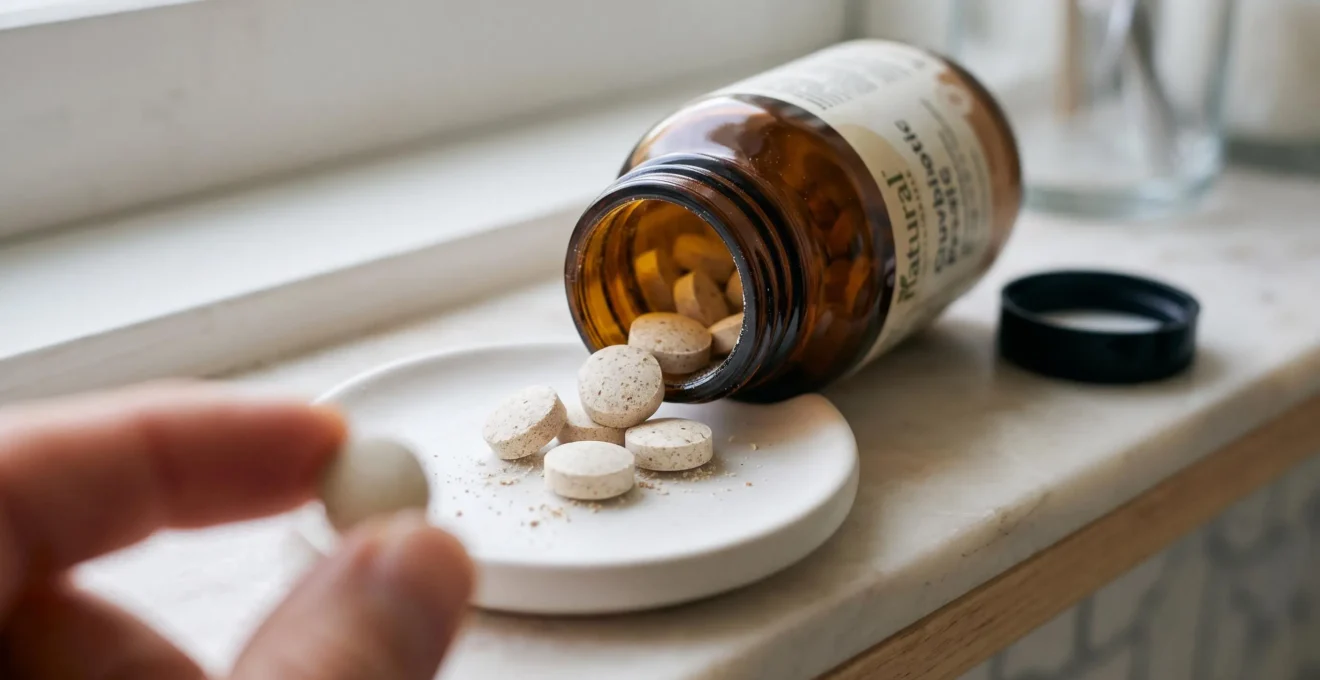 Chewable probiotic tablets spilling from an amber bottle into a ceramic dish.
