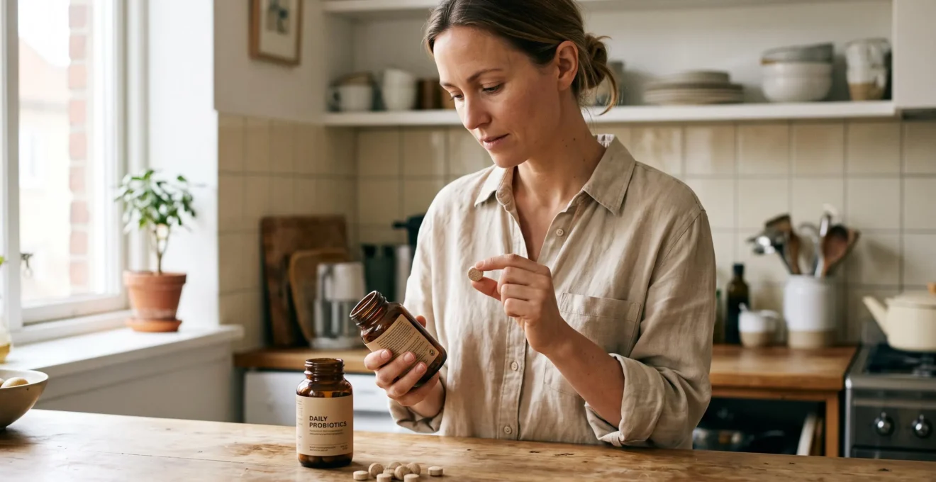A woman examines a chewable probiotic tablet beside its bottle in her kitchen.
